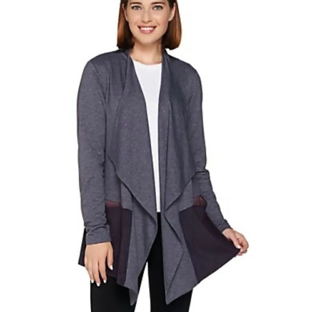LOGO Lounge by Lori Goldstein French Terry Cardigan with Faux Suede Hem size Med